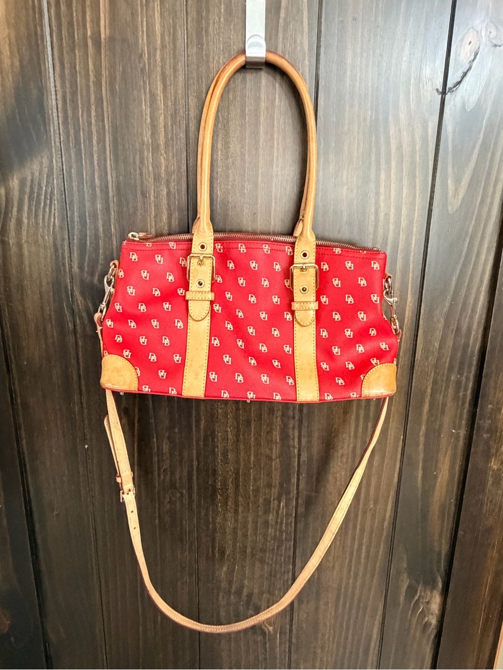 Dooney & Bourke Red Logo Canvas Shoulder Bag w/ Tan Leather Trim crossbody strap - Picture 4 of 13